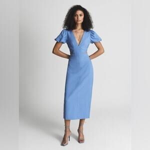 Reiss Womens Blue Puff Sleeve Cut Out Back Bow Tie Midi Jennah Midi Dress 8